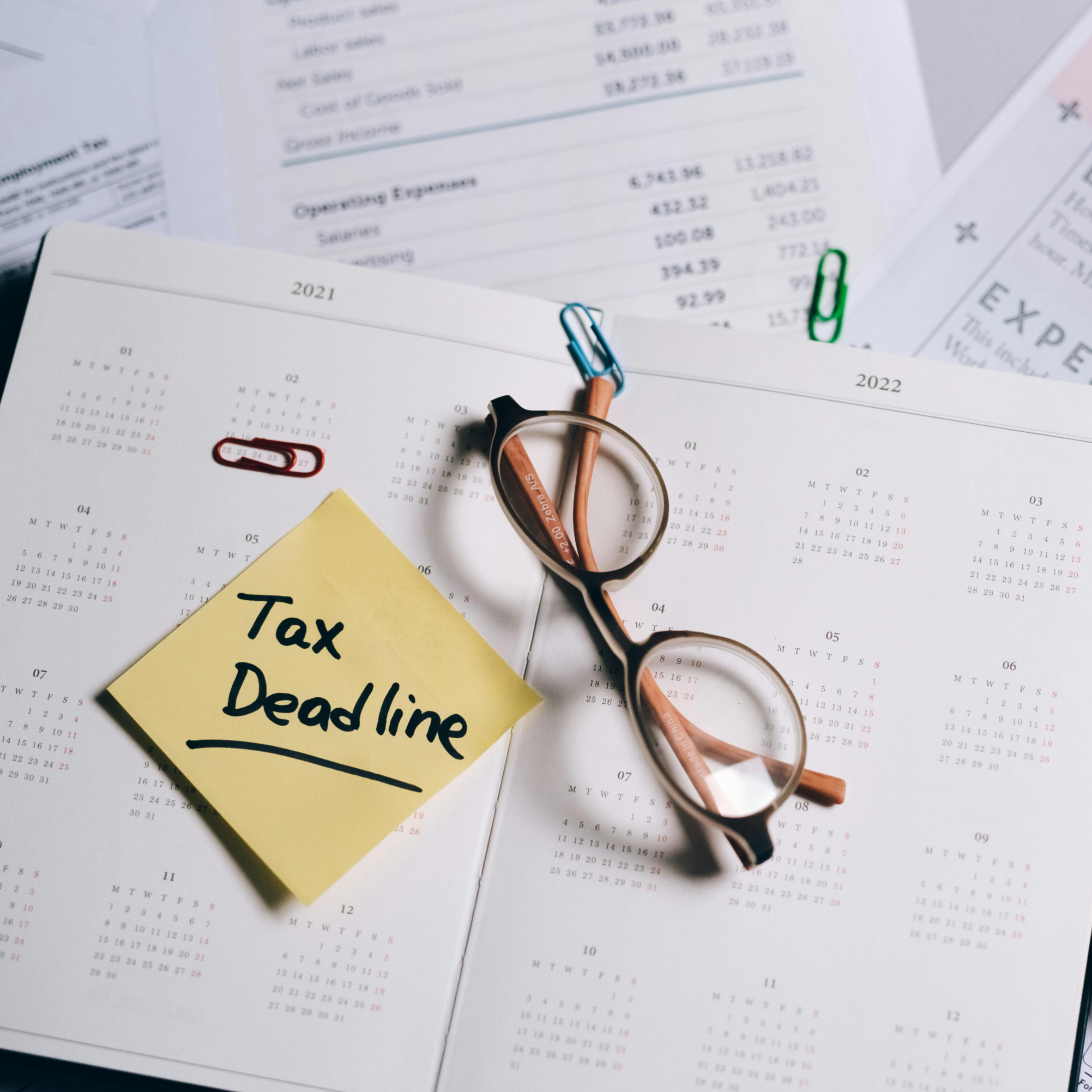 Tax preparation documents and an organized workspace